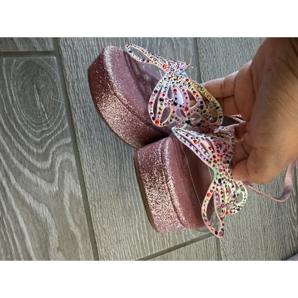Copper Key Pink Glitter Butterfly Rhinestone Platform Block Y2K Style Heels 7.5